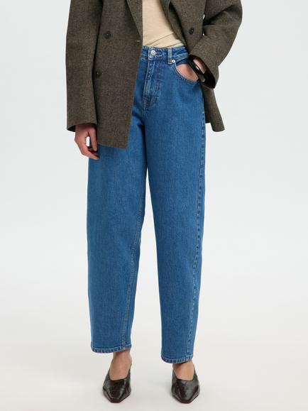 Selected High Rise Barrel Leg Jeans, Blue - view 2, Blue