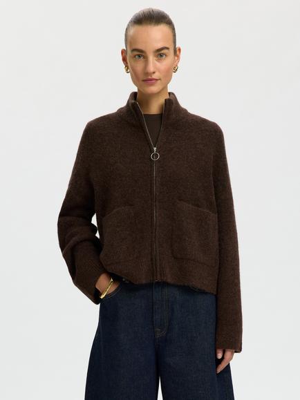 Selected Sia Zip Neck Wool Blend Cardigan, Brown, Brown