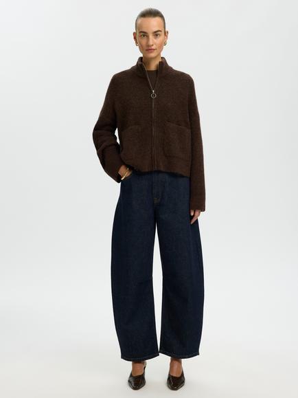 Selected Sia Zip Neck Wool Blend Cardigan, Brown - view 2, Brown