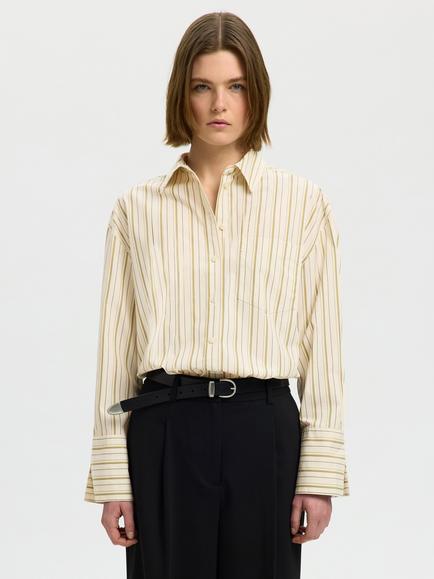 Selected Dannie Oversized Striped Cotton Shirt, Cream, Cream