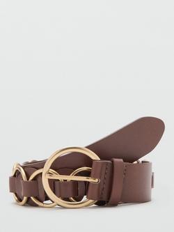 Mango Circle Buckle Faux Leather Chain Belt, Brown, Brown