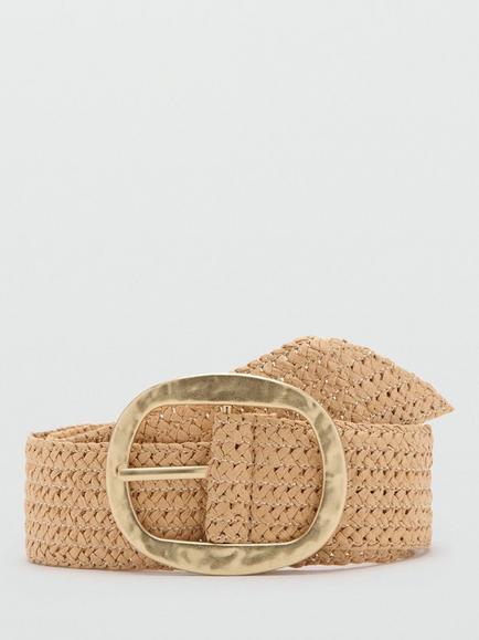 Mango Oval Buckle Woven Belt, Beige, Beige