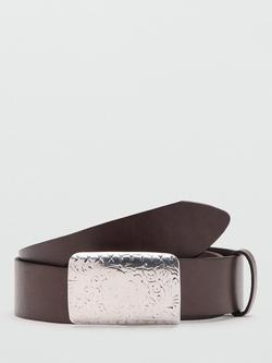 Mango Engraved Buckle Leather Belt, Chocolate, Chocolate