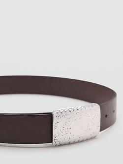 Mango Engraved Buckle Leather Belt, Chocolate - view 2, Chocolate