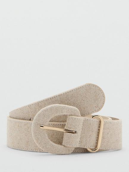 Mango Circle Buckle Textured Belt, Beige, Beige