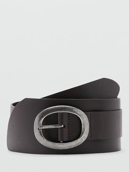 Mango Oval Buckle Pure Leather Belt, Chocolate, Chocolate