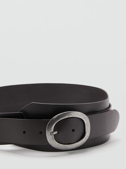 Mango Oval Buckle Pure Leather Belt, Chocolate - view 2, Chocolate
