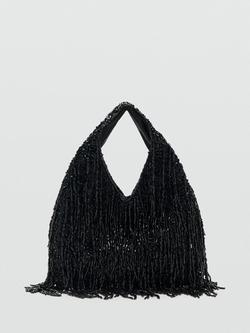 Mango Beadwork Fringed Hobo Bag, Black, Black
