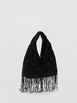 Mango Beadwork Fringed Hobo Bag, Black - view 2, Black