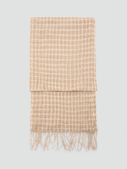 Mango Check Gauze Fringed Scarf, Beige, Beige
