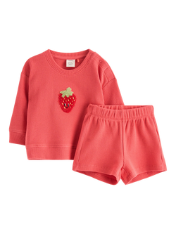Lindex Baby Embroidered Strawberry Knitted Top and Shorts Set, Dark Dusty Coral, Dark Dusty Coral