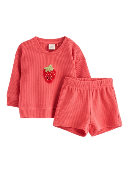 Lindex Baby Embroidered Strawberry Knitted Top and Shorts Set, Dark Dusty Coral, Dark Dusty Coral