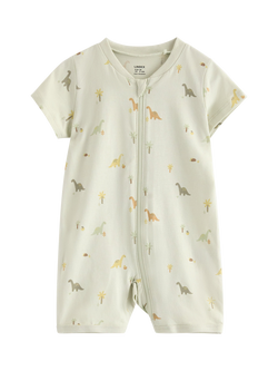 Lindex Baby Dinosaur Print Zipped Short Romper, Light Dusty Green, Light Dusty Green