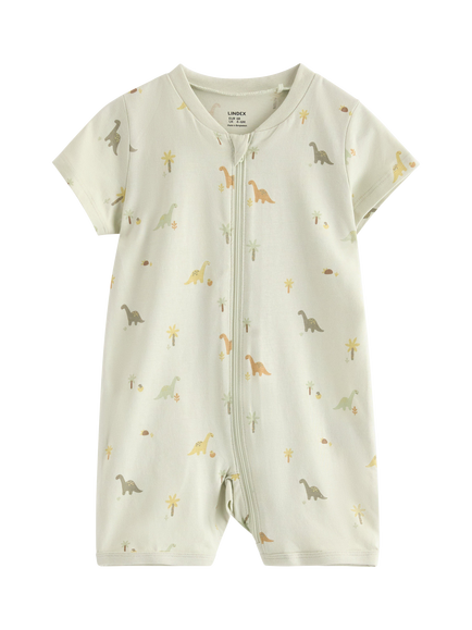 Lindex Baby Dinosaur Print Zipped Short Romper, Light Dusty Green, Light Dusty Green