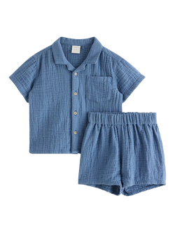 Lindex Baby Cotton Shirt and Shorts Set, Dusty Blue, Dusty Blue