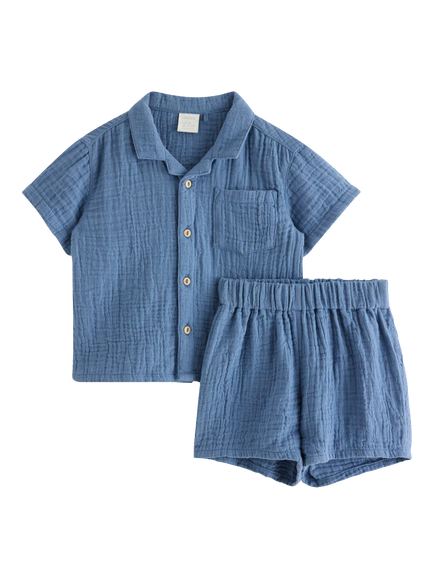Lindex Baby Cotton Shirt and Shorts Set, Dusty Blue, Dusty Blue