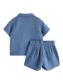 Lindex Baby Cotton Shirt and Shorts Set, Dusty Blue - view 2, Dusty Blue