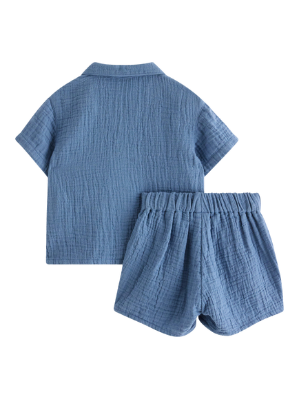 Lindex Baby Cotton Shirt and Shorts Set, Dusty Blue - view 2, Dusty Blue