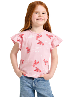Lindex Kids' Flutter Sleeve Lobster Print T-Shirt, Light Pink, Light Pink