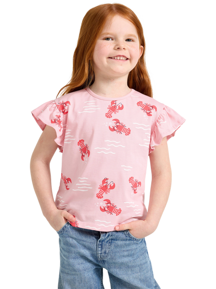 Lindex Kids' Flutter Sleeve Lobster Print T-Shirt, Light Pink, Light Pink
