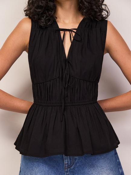 Ro&Zo Cotton Voile Tie Front Top, Black - view 2, Black