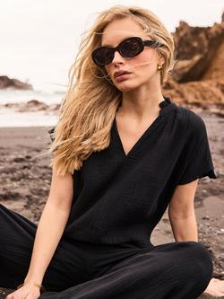Ro&Zo Frill Neck Cheesecloth Top, Black, Black