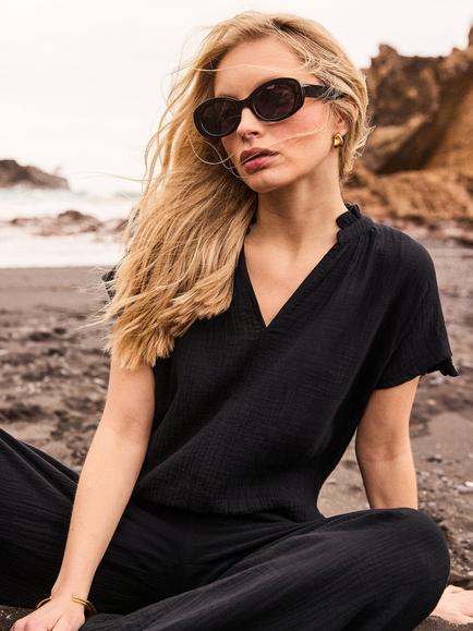 Ro&Zo Frill Neck Cheesecloth Top, Black, Black