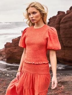Ro&Zo Coral Cheesecloth Shirred Top, Orange Coral, Orange Coral