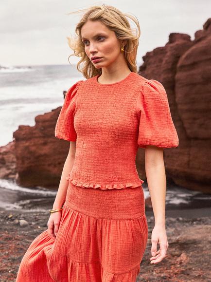 Ro&Zo Coral Cheesecloth Shirred Top, Orange Coral, Orange Coral