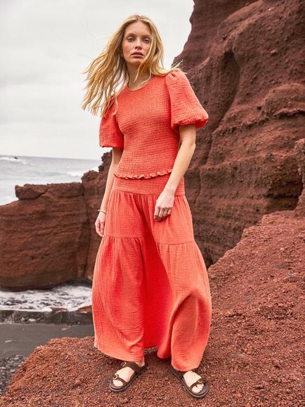 Ro&Zo Coral Cheesecloth Shirred Top, Orange Coral - view 2, Orange Coral