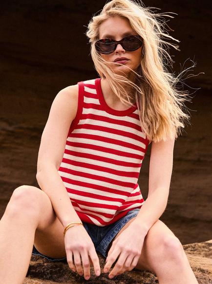 Ro&Zo Stripe Knit Scallop Hem Top, Red, Red