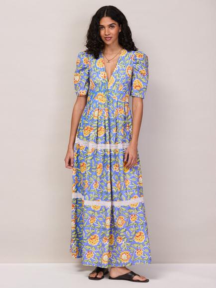 Ro&Zo Petite Short Sleeve Floral Print Tiered Cotton Maxi Dress, Blue, Blue