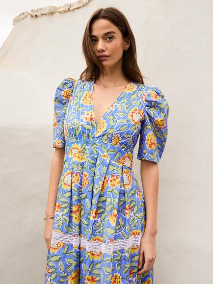 Ro&Zo Petite Short Sleeve Floral Print Tiered Cotton Maxi Dress, Blue - view 2, Blue