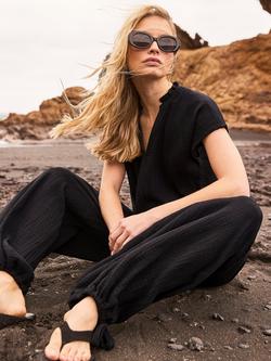 Ro&Zo Petite Cheesecloth Drawstring Cuff Trousers, Black - view 2, Black
