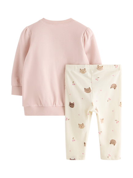 Lindex Baby Cat Leggings and Sweatshirt Set, Light Dusty Pink - view 2, Light Dusty Pink