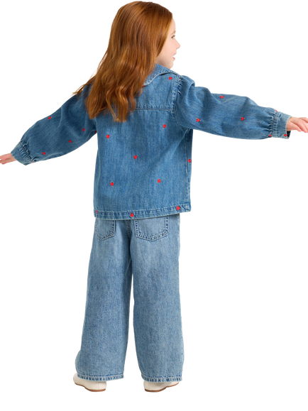 Lindex Kids' Embroidered Denim Jacket, Mid Blue - view 2, Mid Blue