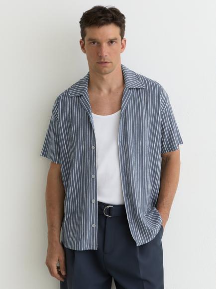 Reiss Max Textured Stripe Short Sleeve Cuban Collar Shirt, Airforce Blue, Airforce Blue