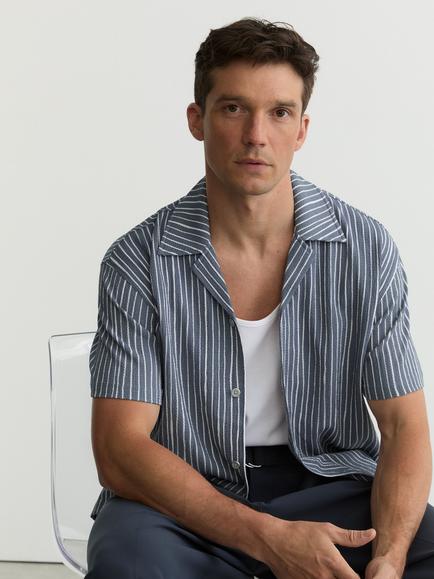 Reiss Max Textured Stripe Short Sleeve Cuban Collar Shirt, Airforce Blue - view 2, Airforce Blue