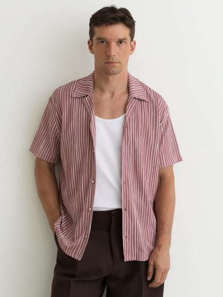 Reiss Max Textured Stripe Short Sleeve Cuban Collar Shirt, Rose, Rose