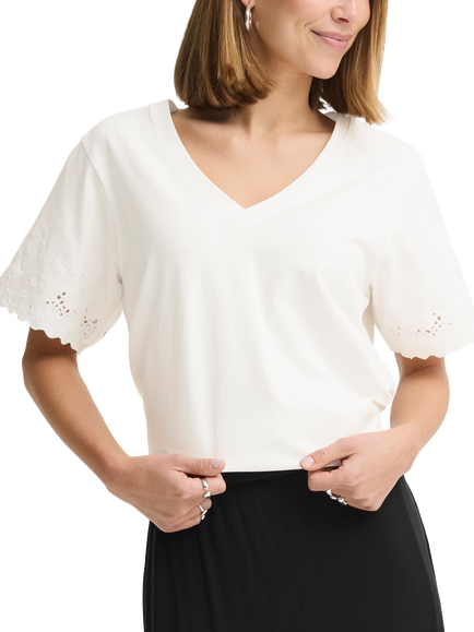 ICHI Mimmie Eyelet Sleeve T-Shirt, Cloud Dancer, Cloud Dancer