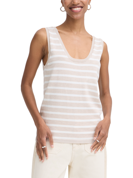 ICHI Luls Scoop Neck Stripe Knit Vest Top, Oatmeal White, Oatmeal White