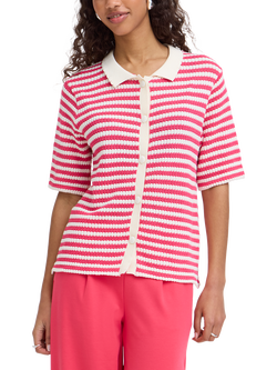ICHI Lorianna Stripe Knit Polo Shirt, Azalea, Azalea
