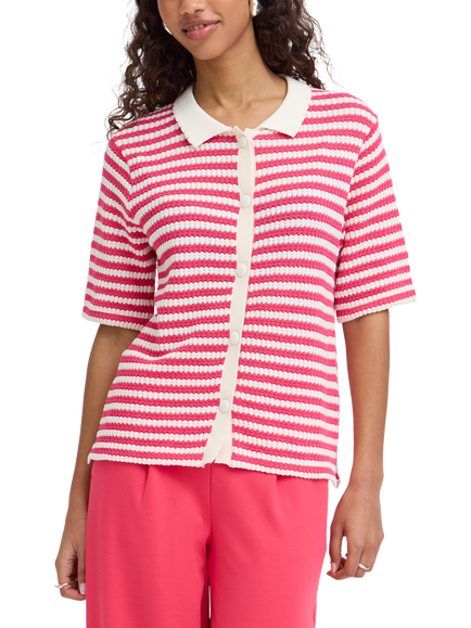 ICHI Lorianna Stripe Knit Polo Shirt, Azalea, Azalea