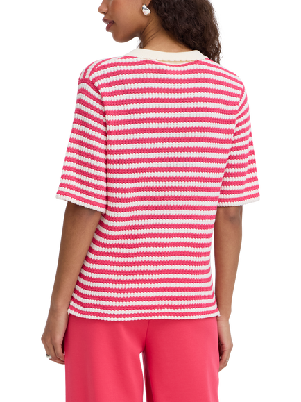ICHI Lorianna Stripe Knit Polo Shirt, Azalea - view 2, Azalea