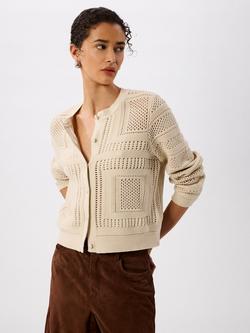 Whistles Cotton Crochet Detail Cardigan, Ivory, Ivory