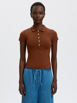 Selected Ilina Short Sleeve Jersey Polo Shirt, Brown, Brown