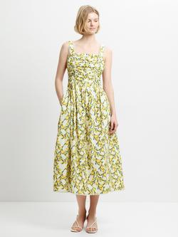 French Connection Citrus Barletta Ruched Midi Dress, Citrus/Multi, Citrus/Multi