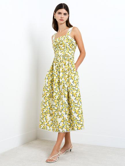 French Connection Citrus Barletta Ruched Midi Dress, Citrus/Multi, Citrus/Multi