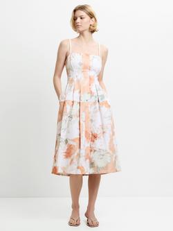 French Connection Feo Floral Denim Midi Dress, Tangerine, Tangerine