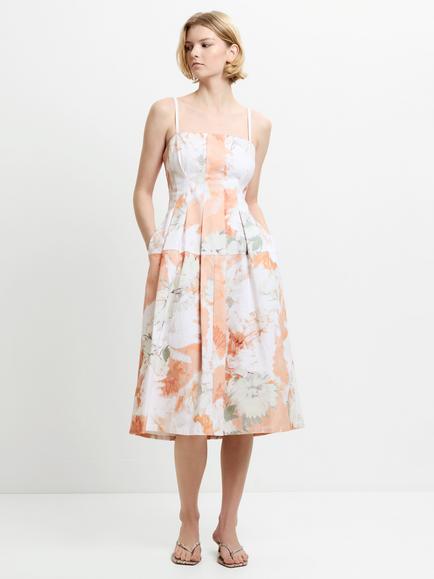 French Connection Feo Floral Denim Midi Dress, Tangerine, Tangerine